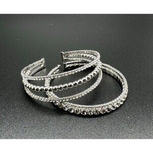 Rhinestone Cuff Bracelet Set Silver Tone Stretch Bling Statement 2pc Formal